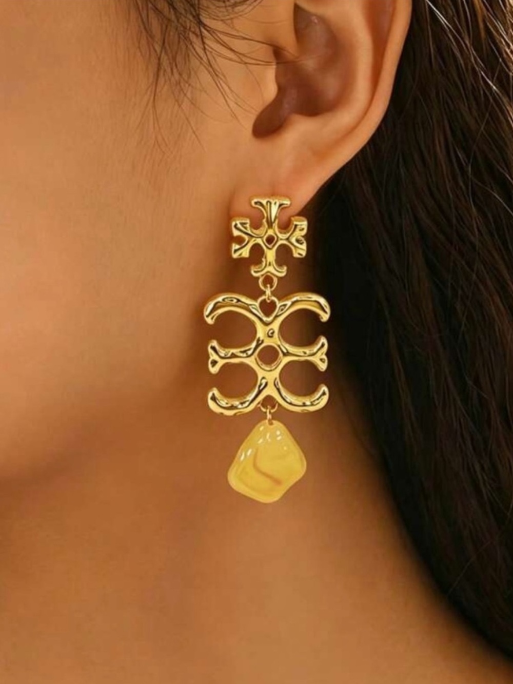 Tory Burch Gold Drop Earrings with Yellow Stone Accent